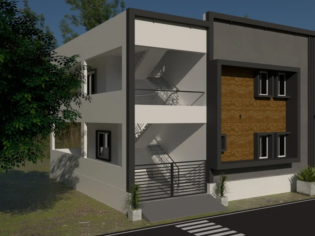 Split-level residence with timber panel, Haveri