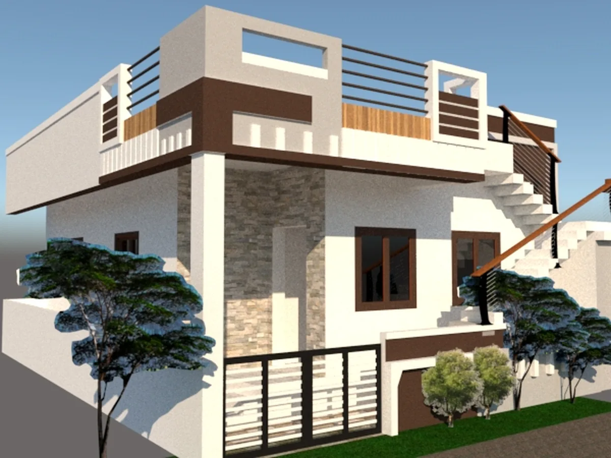 Residence with external stair and roof terrace, Haveri